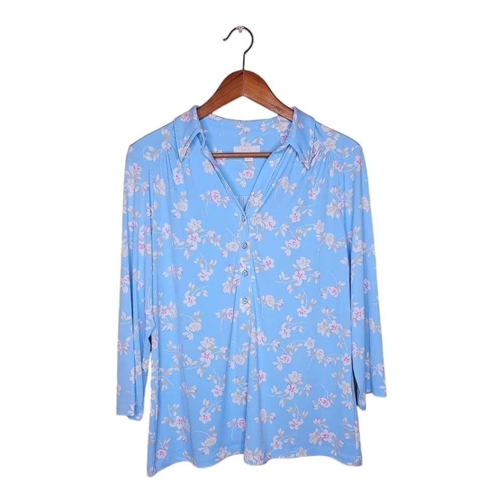 Charter Club Sky Blue Floral Print 3/4 Sleeve Top Size L - Picture 2 of 9